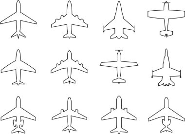 Uçak simgesi ayarlandı. Uçak siyah hat vektör koleksiyonu şeffaf arkaplanda izole edildi. Uçuş taşıma sembolü. Seyahat, uçuş işareti askeri jet uçakları, sivil turbofan havacılık uçakları..