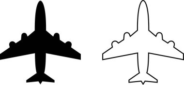 Uçak simgesi ayarlandı. Uçak siyah düz veya çizgi vektör koleksiyonu şeffaf arkaplanda izole edildi. Uçuş taşıma sembolü. Seyahat, uçuş işareti askeri jet uçakları, sivil turbofan havacılık uçakları..