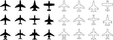 Uçak simgesi ayarlandı. Uçak siyah düz veya çizgi vektör koleksiyonu şeffaf arkaplanda izole edildi. Uçuş taşıma sembolü. Seyahat, uçuş işareti askeri jet uçakları, sivil turbofan havacılık uçakları..