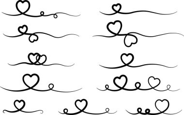 Kalp çizgileri el çizimi karalama aşk çizgisel siyah renk simgesi seti şeffaf arkaplanda izole. Sevgililer Günü daveti veya tebrik kartı tasarımı için vektör koleksiyonu Kalp metin bölücüComment