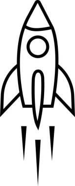 Roket ikonu. Uzay gemisi fırlatma konsepti siyah çizgi vektörü şeffaf arkaplanda izole edildi. Uzay roketi ateşle fırlatıldı. Web sitesi ve mobil uygulama için uçuş işareti başlat.