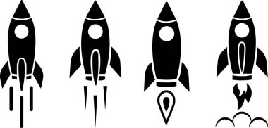 Roket simgeleri ayarlandı. Uzay gemisi fırlatma konsepti siyah düz koleksiyon şeffaf arka planda izole. Uzay roketi ateşle fırlatıldı. Web sitesi ve mobil uygulama için uçuş işareti başlat.