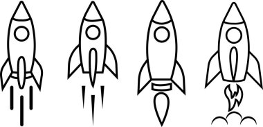 Roket simgeleri ayarlandı. Uzay gemisi fırlatma konsepti siyah hat koleksiyonu şeffaf arkaplanda izole edildi. Uzay roketi ateşle fırlatıldı. Web sitesi ve mobil uygulama için uçuş işareti başlat.