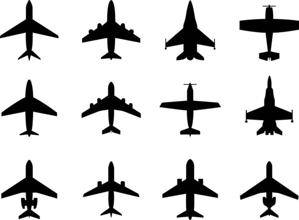 Plane icon set. Airplane black flat vector collection isolated on transparent background. Flight transport symbol. Travel ,flying sign military jet aircraft ,civil turbofan aviation planes.