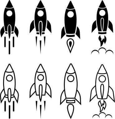 Roket simgeleri ayarlandı. Uzay gemisi fırlatma konsepti siyah düz çizgi koleksiyonu şeffaf arkaplanda izole edildi. Uzay roketi ateşle fırlatıldı. Web sitesi ve mobil uygulama için uçuş işareti başlat.