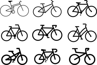 Şeffaf arkaplanda bisiklet simgeleri izole edildi. Pedal siyah düz ve çizgi vektör koleksiyonu olan modern ve düzenlenebilir bisiklet. Spor, seyahat, bisiklet, yarış, web sitesi ve mobil uygulama sembolü.