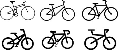 Şeffaf arkaplanda bisiklet simgeleri izole edildi. Pedal siyah düz ve çizgi vektör koleksiyonu olan modern ve düzenlenebilir bisiklet. Spor, seyahat, bisiklet, yarış, web sitesi ve mobil uygulama sembolü.