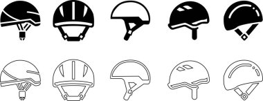 Motosiklet kaskı vektör simgesi ayarlandı. Yarış kaskı, inşaat kaskı, motosiklet kaskı, siyah hat ve saydam arka planda izole edilmiş web tasarımı için düz koleksiyon..