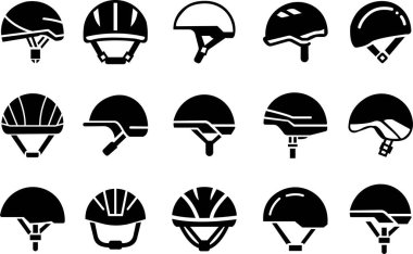 Motosiklet kaskı vektör simgesi ayarlandı. Yarış kaskı, inşaat kaskı, motosiklet kaskı, şeffaf arka planda izole edilmiş web tasarımı için siyah kasklı düz koleksiyon..