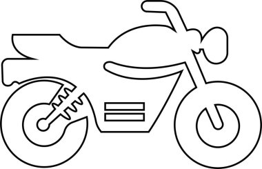 Motosiklet, bisiklet ve motosiklet çizgisi ikonu. Motosiklet, scooter, roadster, spor, kruvazör, tur, karıştırıcı, deneme motoru ve helikopter için yan görüş motosikleti.