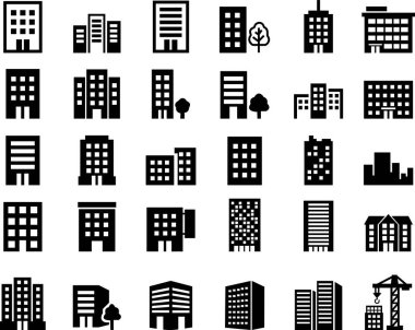 Ev, ofis, banka, okul, otel, dükkan, üniversite, şehir, gayrimenkul ve hastane sembolü içeren ikon set. Düz düz siyah vektör koleksiyonu şeffaf arkaplanda izole edildi