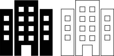 Ev, ofis, banka, okul, otel, dükkan, üniversite, şehir, gayrimenkul ve hastane sembolü içeren ikon set. Düz düz ve çizgi siyah vektör koleksiyonu şeffaf arkaplanda izole edildi