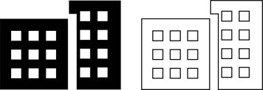 Ev, ofis, banka, okul, otel, dükkan, üniversite, şehir, gayrimenkul ve hastane sembolü içeren ikon set. Düz düz ve çizgi siyah vektör koleksiyonu şeffaf arkaplanda izole edildi
