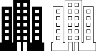 Ev, ofis, banka, okul, otel, dükkan, üniversite, şehir, gayrimenkul ve hastane sembolü içeren ikon set. Düz düz ve çizgi siyah vektör koleksiyonu şeffaf arkaplanda izole edildi