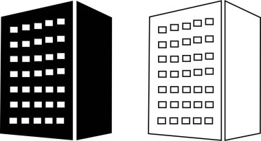 Ev, ofis, banka, okul, otel, dükkan, üniversite, şehir, gayrimenkul ve hastane sembolü içeren ikon set. Düz düz ve çizgi siyah vektör koleksiyonu şeffaf arkaplanda izole edildi