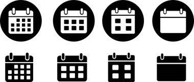 Takvim simgeleri ayarlandı. Tarih, zamanlama, ay, hafta, randevu, ajanda, organizasyon ve olay sembolü düz çizgi vektör koleksiyonunu içeren grafik ve web tasarımı için şeffaf arkaplan