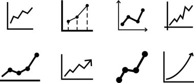 Büyüyen çubuk grafik simgesi seti. İş grafikleri ve grafikleri siyah çizgi vektörü şeffaf arkaplanda izole edildi. İstatistik ve analiz. İstatistik ve veri, grafikler, para, aşağı veya yukarı ok.