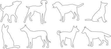 Köpekler siluet simgesi seti. Şeffaf arka planda izole edilmiş siyah çizgi hayvan vektör koleksiyonu. Belçika Malinois Clipart, tasvir köpek ayakta, yürüyüş, koşu, atlama ve çukur kazma.