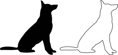 Köpekler siluet simgesi seti. Siyah düz ve çizgi hayvan vektör koleksiyonu şeffaf arka planda izole edildi. Belçika Malinois Clipart, tasvir köpek ayakta, yürüyüş, koşu, atlama ve çukur kazma.