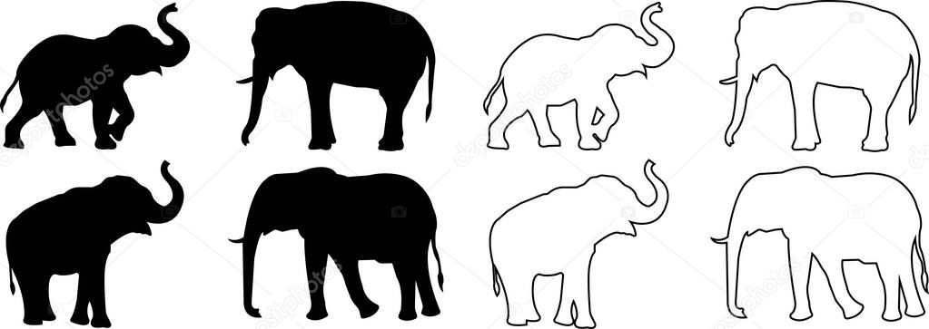 Elephant wild animal icon set vector, sign, symbol, logo, editable stroke, flat design style collection isolated on transparent background. elephant silhouette different side view use for web and app.