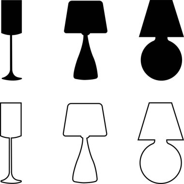 Siyah vektör dairesi ve çizgi simgeleri ile ilişkili lambalar. Ampul, modern oda ışıkları, zemin lambası, fener, ışık, avize koleksiyonu gibi simgeler şeffaf arkaplanda izole edilir.