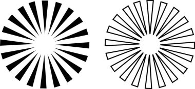 Güneş patlaması elementinin radyal çizgileri ya da güneş patlaması arkaplan simgeleri ayarlandı. Işın tasarımı koleksiyonu. Retro yıldızlar siyah vektör şeffaf üzerinde izole. Düzenlenebilir hisse senedi ve düz geometrik güneş patlaması sembolü.