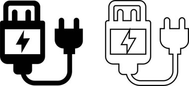 Şeffaf arkaplanda izole edilmiş çeşitli yük simgeleri ve çizgi koleksiyonu. Çeşitli aygıtlar için vektör biçimi akıllı telefon dizüstü bilgisayarı tableti ve güç eklentileri ile AC soketleri yükleme