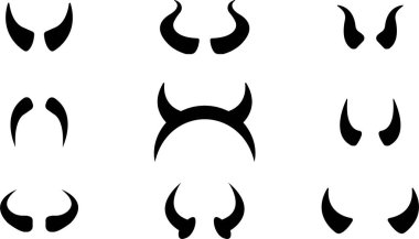 Şeytan boynuzu ikonu hazır. Kara vektör düz iblis ya da şeytan Cadılar Bayramı karnaval elementleri koleksiyonu. Mobil uygulama, şeffaf arkaplanda izole edilmiş şablon tasarım sembolünü belirtir.