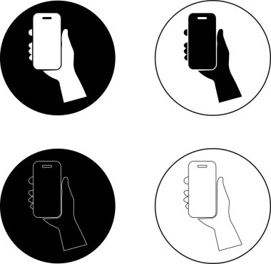 Model, iletişim, element teknolojisi tasarımı, siyah vektör düzlüğü ve şeffaf arkaplanda izole edilmiş çizgi koleksiyonu için insan eli dokunmatik ekranlı cep telefonu simgeleri ayarlandı.