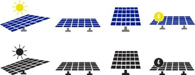 Güneş sistemi kalıpları simgesi ayarlandı. Güneş paneli, tek kristalli polikristalin ve ince film güneş enerjisi panelinin düz ve çizgi vektörünü yazar.