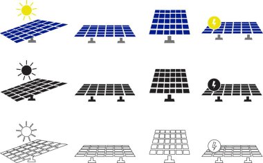 Güneş sistemi kalıpları simgesi ayarlandı. Güneş paneli, tek kristalli polikristalin ve ince film güneş enerjisi panelinin düz ve çizgi vektörünü yazar.