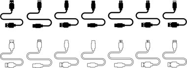 USB kablo port simgesi seti. USB tip C-A şimşek ve mikro usb cep telefonu şarj vektör koleksiyonu izole edildi. Fiş adaptör sembolü. Elektronik cihaz bağlantısı. Akıllı telefon şarj levhası