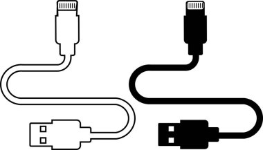 USB kablo port simgesi seti. USB tip C-A şimşek ve mikro usb cep telefonu şarj vektör koleksiyonu izole edildi. Fiş adaptör sembolü. Elektronik cihaz bağlantısı. Akıllı telefon şarj levhası