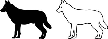 Black wolf silhouette cutout icon set. Flat and line vector wolf animal collection isolated on transparent background. Front and side view print tribal tattoo howling design Pagan familiar spirit art clipart