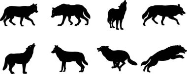 Black wolf silhouette cutout icon set. Flat vector wolf animal collection isolated on transparent background. Front and side view print tribal tattoo howling design Pagan familiar spirit art clipart