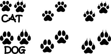 Köpek ya da kedi pençesi izi tasarımı düz ve çizgi simgesi seti. Siyah vektör koleksiyonu şeffaf arkaplanda izole edildi. Hayvanat bahçesi, veteriner logosu uygulamaları ve web siteleri için ayak izi sembolü.