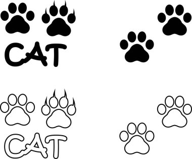 Kedi patisi tasarımı düz ve çizgi simgesi seti. Siyah vektör koleksiyonu şeffaf arkaplanda izole edildi. Hayvanat bahçesi, veteriner logosu uygulamaları ve web siteleri için ayak izi sembolü.