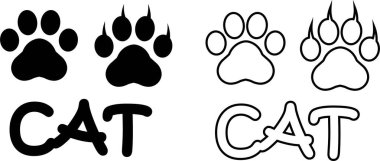 Kedi patisi tasarımı düz ve çizgi simgesi seti. Siyah vektör koleksiyonu şeffaf arkaplanda izole edildi. Hayvanat bahçesi, veteriner logosu uygulamaları ve web siteleri için ayak izi sembolü.