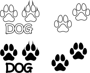 Köpek patisi tasarımı düz ve çizgi simgesi seti. Siyah vektör koleksiyonu şeffaf arkaplanda izole edildi. Hayvanat bahçesi, veteriner logosu uygulamaları ve web siteleri için ayak izi sembolü.