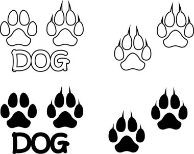 Köpek patisi tasarımı düz ve çizgi simgesi seti. Siyah vektör koleksiyonu şeffaf arkaplanda izole edildi. Hayvanat bahçesi, veteriner logosu uygulamaları ve web siteleri için ayak izi sembolü.