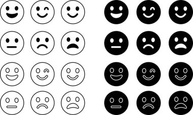Duygu simgeleri ayarlandı. Emoji, şeffaf arkaplanda izole edilmiş düz ve çizgi vektör biçimine bakıyor. Mutlu ve üzgün, iyi ve kötü emoji. Web ve uygulama için çizgi film sembolü değerlendirme emojisi kullanımı