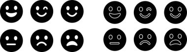 Duygu simgeleri ayarlandı. Emoji, şeffaf arkaplanda izole edilmiş düz ve çizgi vektör biçimine bakıyor. Mutlu ve üzgün, iyi ve kötü emoji. Web ve uygulama için çizgi film sembolü değerlendirme emojisi kullanımı
