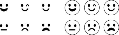 Duygu simgeleri ayarlandı. Emoji, şeffaf arkaplanda izole edilmiş düz ve çizgi vektör biçimine bakıyor. Mutlu ve üzgün, iyi ve kötü emoji. Web ve uygulama için çizgi film sembolü değerlendirme emojisi kullanımı
