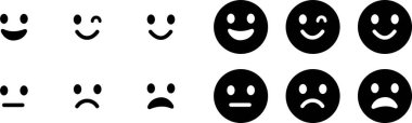 Duygu simgeleri ayarlandı. Emoji, şeffaf arkaplanda izole edilmiş düz ve çizgi vektör biçimine bakıyor. Mutlu ve üzgün, iyi ve kötü emoji. Web ve uygulama için çizgi film sembolü değerlendirme emojisi kullanımı