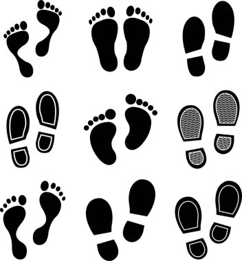 Ayak izi simgesi seti. İnsan ayağı siyah vektör dairesi ve şeffaf arka planda izole edilmiş çizgi koleksiyonu. Ayakkabı izi basamak işareti yürüme izi, iz izi, ayakkabı baskı tekniği..