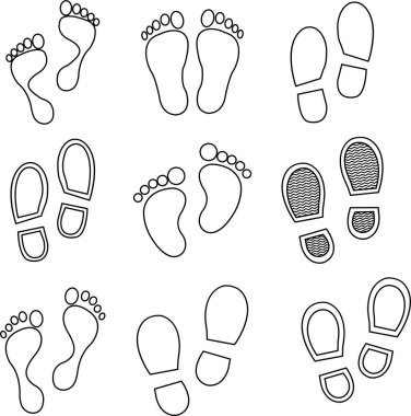 Ayak izi simgesi seti. İnsan ayağı siyah vektör dairesi ve şeffaf arka planda izole edilmiş çizgi koleksiyonu. Ayakkabı izi basamak işareti yürüme izi, iz izi, ayakkabı baskı tekniği..