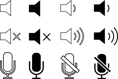 Megafon mikrofon simgesi seti. Hoparlör işareti. Şeffaf arkaplanda bağrışma bildirisi var. Ses, ses ve müziği temsil eden yüksek sesli anons vektör koleksiyonu.