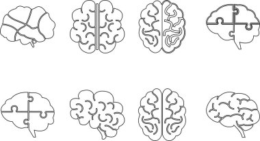 İnsan iç organı anatomisi beyin komplosu kuruldu. Beyin sağlığı işaretleri koleksiyonu düz ve çizgi vektörü şeffaf arka planda izole edilmiş. Bilim sembolü cilt katmanı doğrusal bağırsak piktogramı.