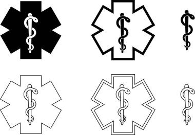 Yıldız ilacı ve caduceus yılan ikonu seti. Acil tıbbi siyah düz çizgi vektör koleksiyonu şeffaf arka planda izole edildi. Hastane ambulansı için eczane sembolü sağlık sigortası