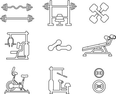 Fitness ve egzersiz ikonları ayarlandı. Kilo kaybı spor salonu vektör düz ve şeffaf arka planda izole çizgi koleksiyonu. Kas yapısı, dambıl, koşan bisiklet sağlıklı yaşam tarzı ağı ve uygulama için.